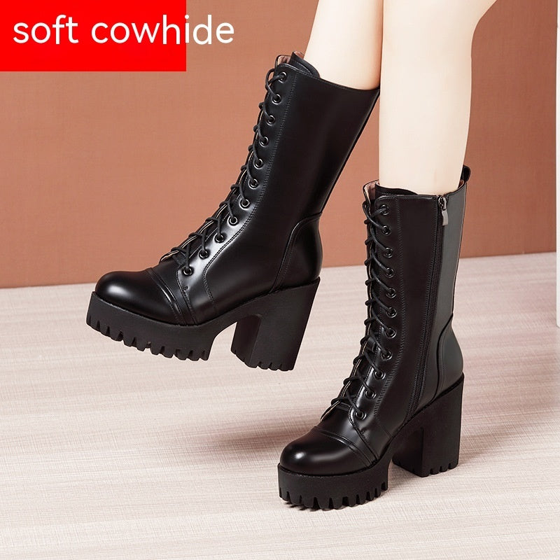 Womens Winter Mid Calf Boots Round Toe Zip Platform Lace Up Warm Boots For Women Comfortable Female Shoes