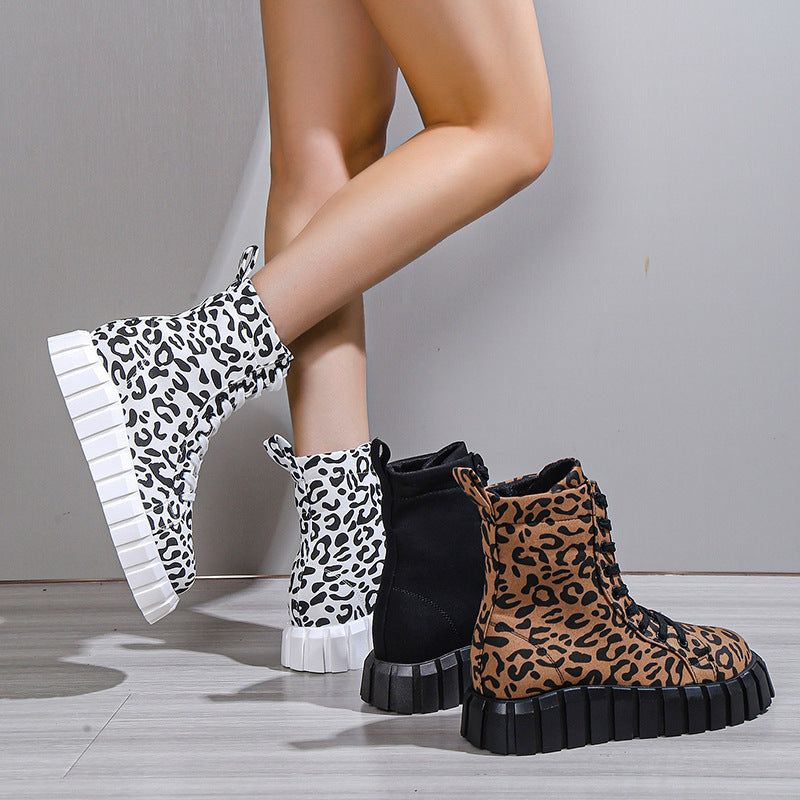 Leopard Print Platform Martin Boots for Women | Suede Mid-Heel Street Style Boots