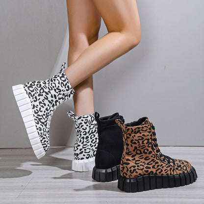 Leopard Print Platform Martin Boots for Women | Suede Mid-Heel Street Style Boots