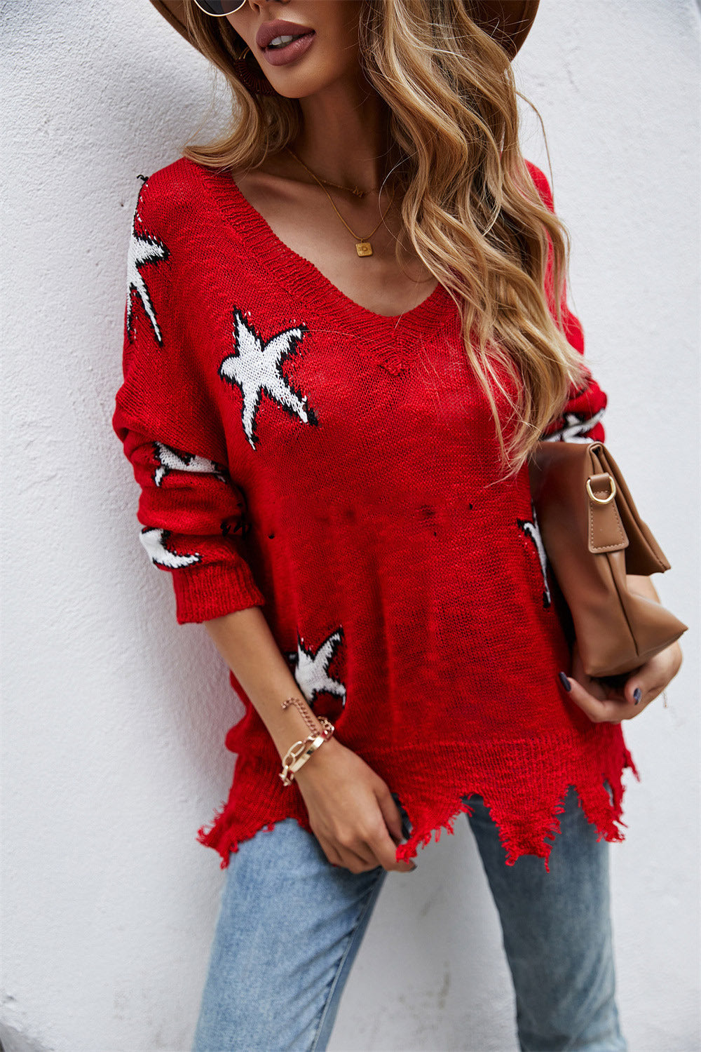High Collar Bat Sleeve Knit Women's Autumn & Winter European-Style Red Sweater