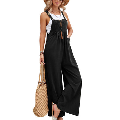 Loose-Fit Cotton Bib Overalls for Women – Casual Straight-Leg Romper Outfit