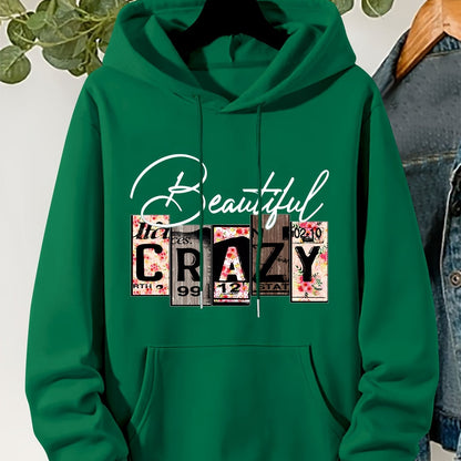 Plus Size CRAZY Print Hoodie – Women’s Casual Pullover Sweatshirt with Kangaroo Pocket for Fall/Winter