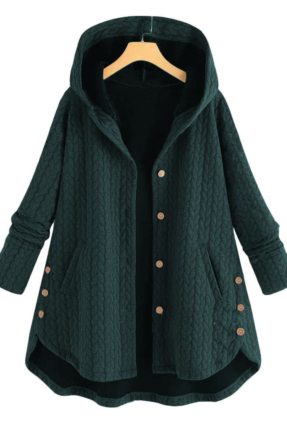 Green hooded coat with brown buttons on a white background