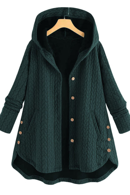 Green hooded coat with brown buttons on a white background