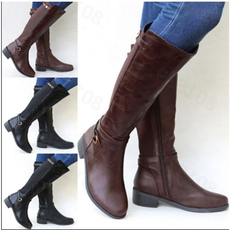 Plus Size Long Tube Boots for Women | Chunky Mid Heel PU Leather Boots