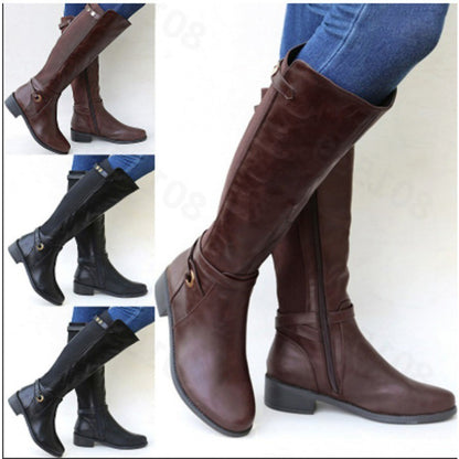 Plus Size Long Tube Boots for Women | Chunky Mid Heel PU Leather Boots