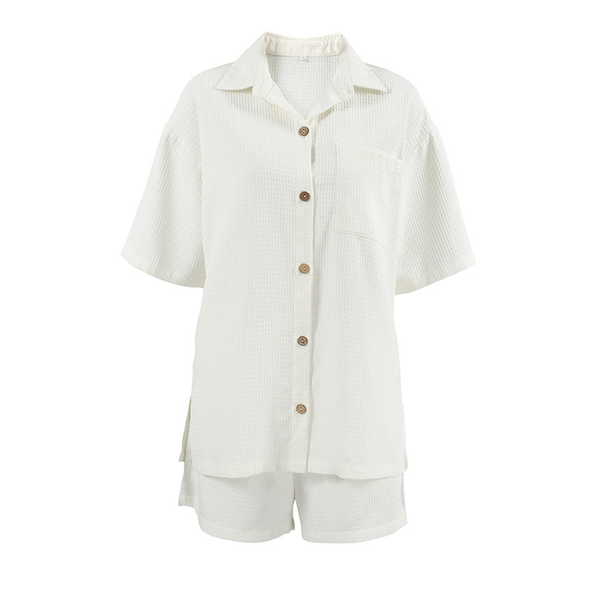 Waffle-Texture Loose Shirt & Shorts Two-Piece Outfit Set | Casual Summer Vibes Style 2025