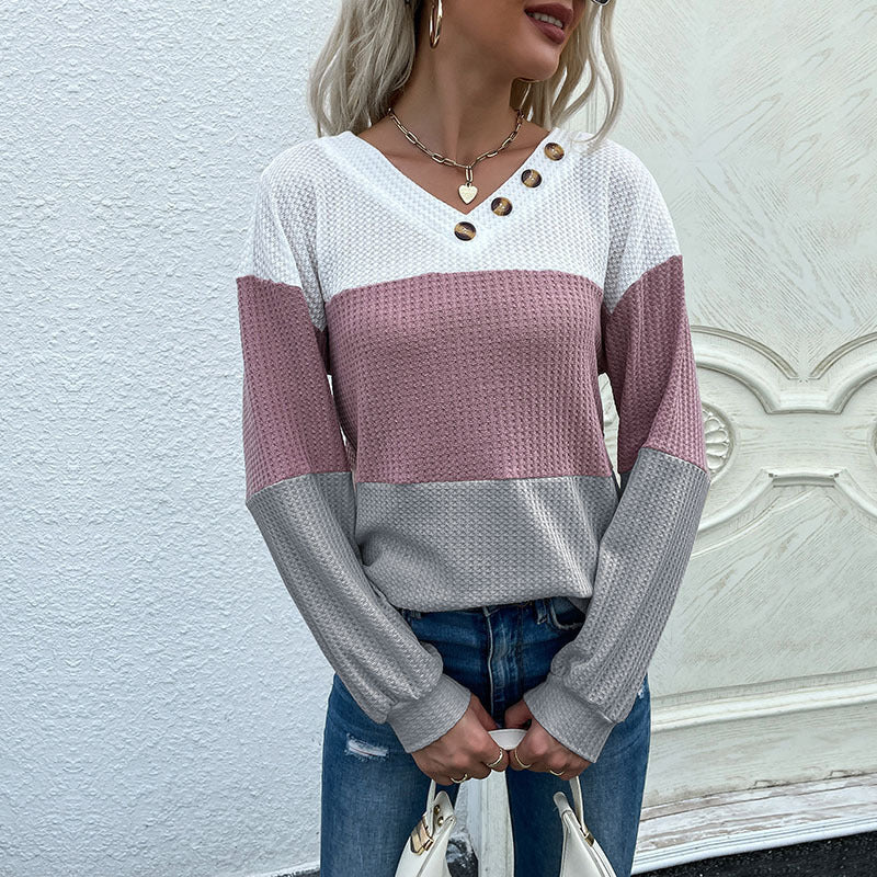 Trendy Color Block Waffle Knit Pullover – V-Neck Loose Sweater for Women