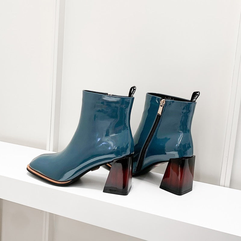 Square Heel Patent Leather Brillant Ankle Boots
