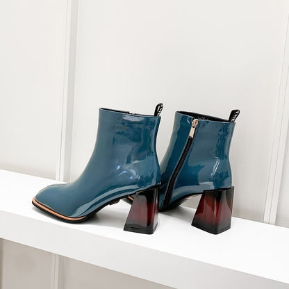 Square Heel Patent Leather Brillant Ankle Boots