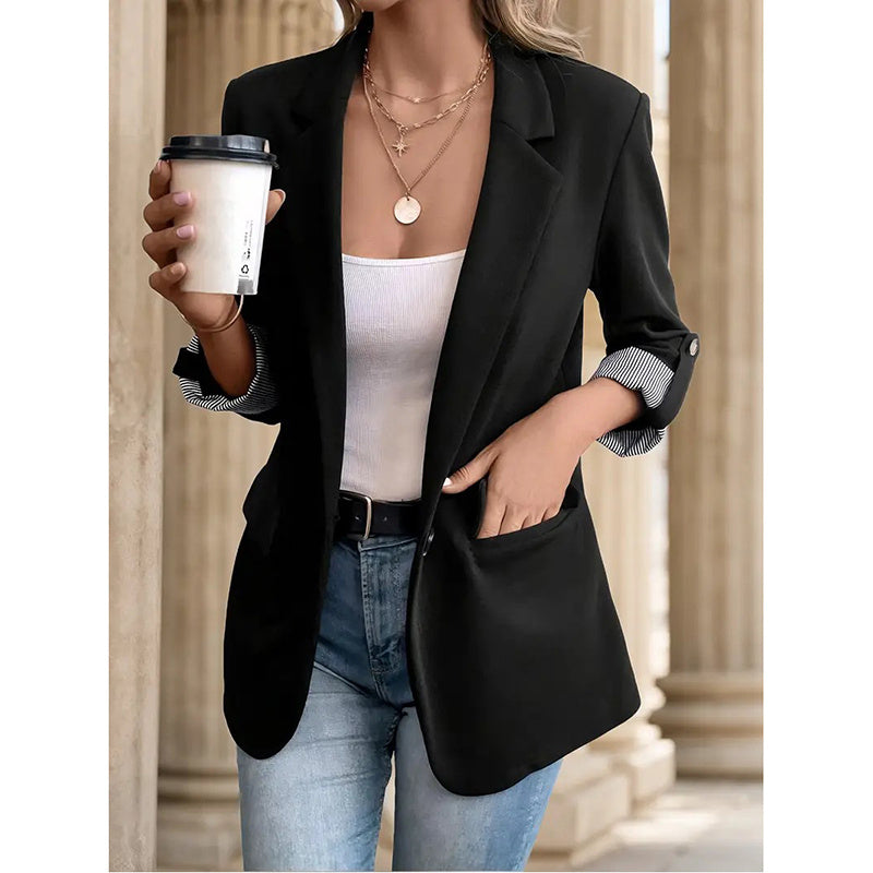 Striped V Neck Blazer Casual Office Fashion For 2024 Autumn With Pockets