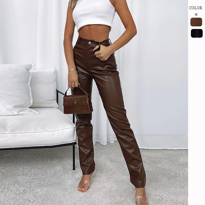 Womens Elastic Waist Straight Faux Leather Trousers Pants