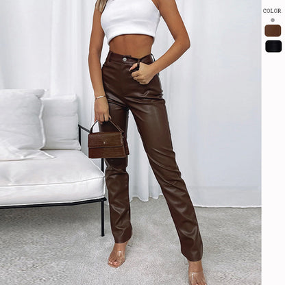 Womens Elastic Waist Straight Faux Leather Trousers Pants