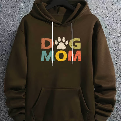 Men’s “DOG MOM” Letter Print Hoodie – Street Style Pullover with Kangaroo Pocket