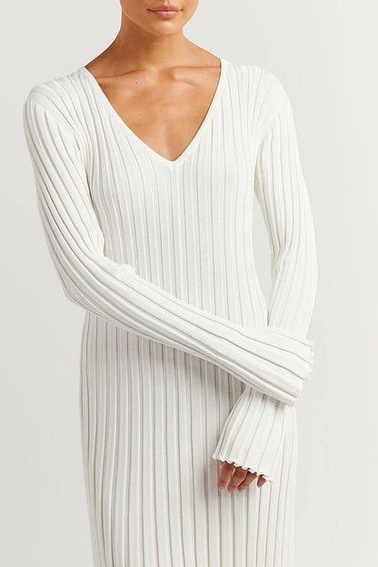 Elegant Knitted A-Line Dress – Chic V-Neck & Round Neck Casual Midi