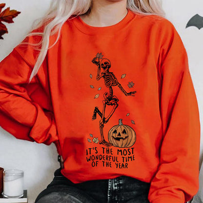 Halloween Skeleton Pumpkin Sweatshirt – Casual Loose Printed Pullover for Women