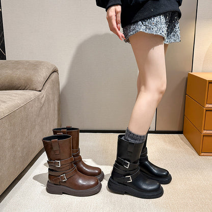 Womens Upper Belted Closure Leather Mid Calf Boots