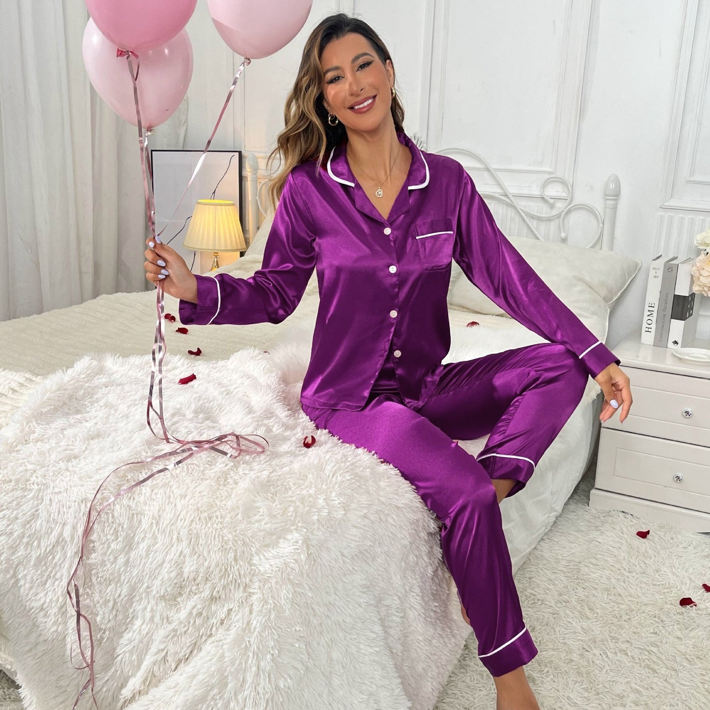 Women S Satin Pajama Set Flamingo Print 2 Piece Sleepwear Autumn Lapel Collar Button Up Top Pants For Home