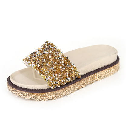 Korean Style Rhinestone & Sequin Slippers – Women’s Elegant Low Heel Flats