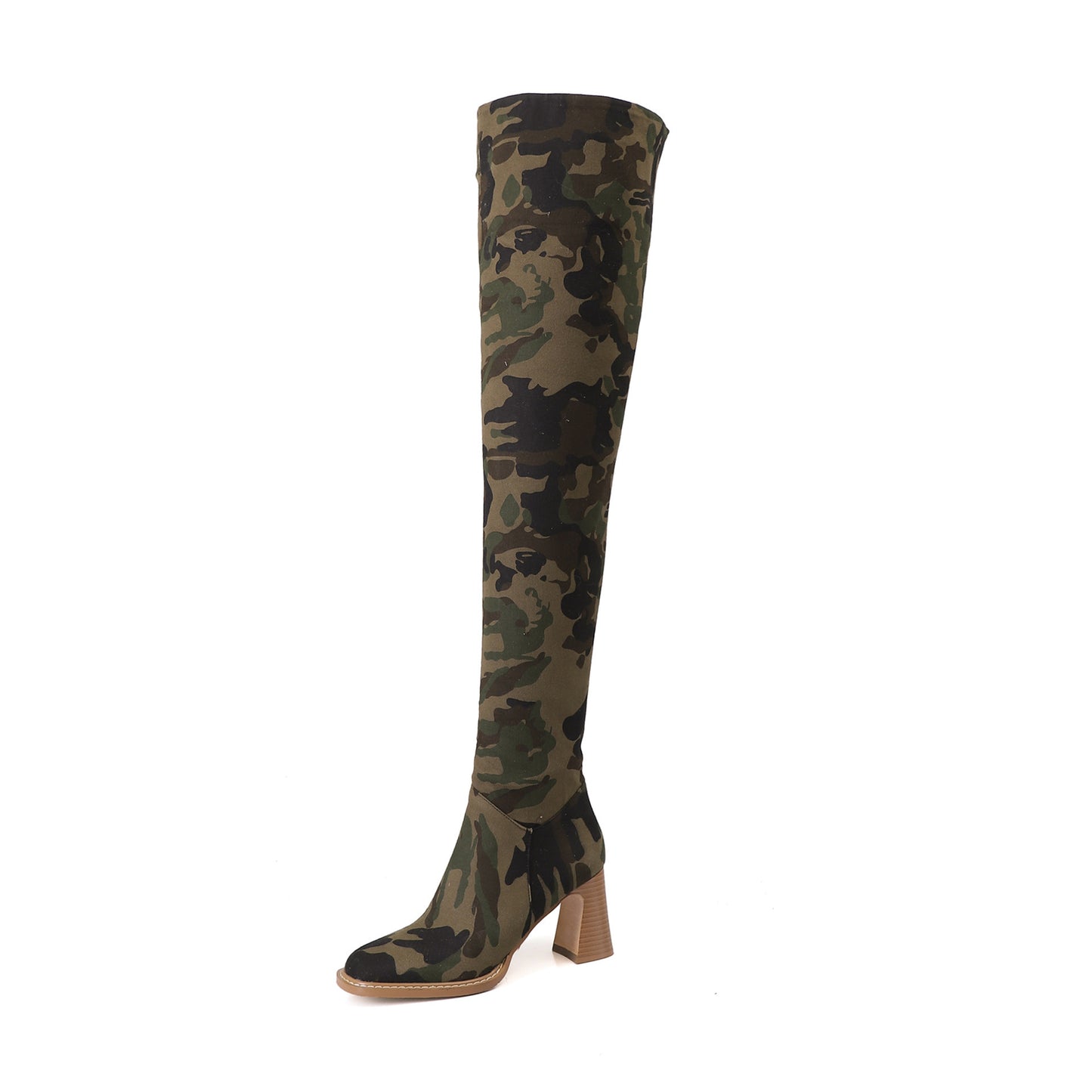 Women’s Camouflage Denim Long Boots | High Chunky Heel Statement Boots