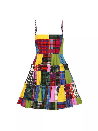 Rainbow Plaid Slip Dress – Colorful Summer Mini Dress for Women