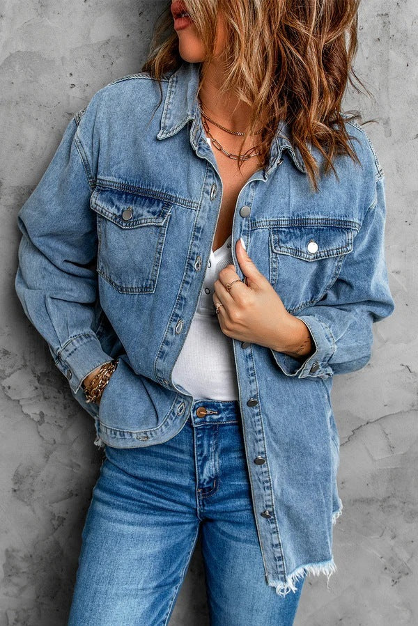 High Street Style Woman Casual Blue Cropped Denim Jacket