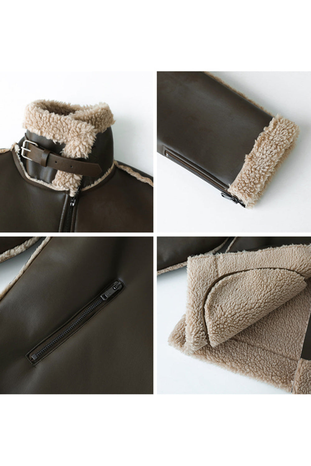 Collage of a brown leather jacket with beige shearling lining, focusing on details like zipper and collar.