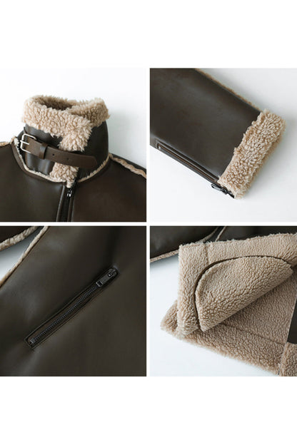 Collage of a brown leather jacket with beige shearling lining, focusing on details like zipper and collar.