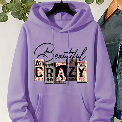 Plus Size CRAZY Print Hoodie – Women’s Casual Pullover Sweatshirt with Kangaroo Pocket for Fall/Winter