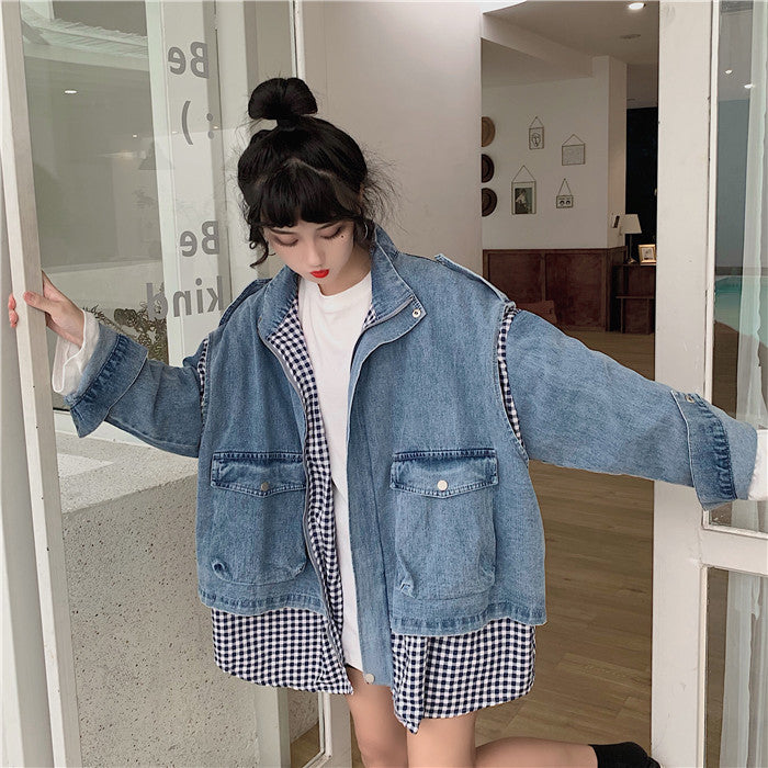 Long Sleeve Crop Top Belted Design Women Spring Denim Jackets