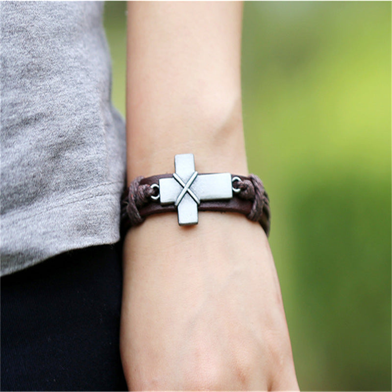 Brown Leather Cross Bracelet for Men – Adjustable Vintage Style Accessory
