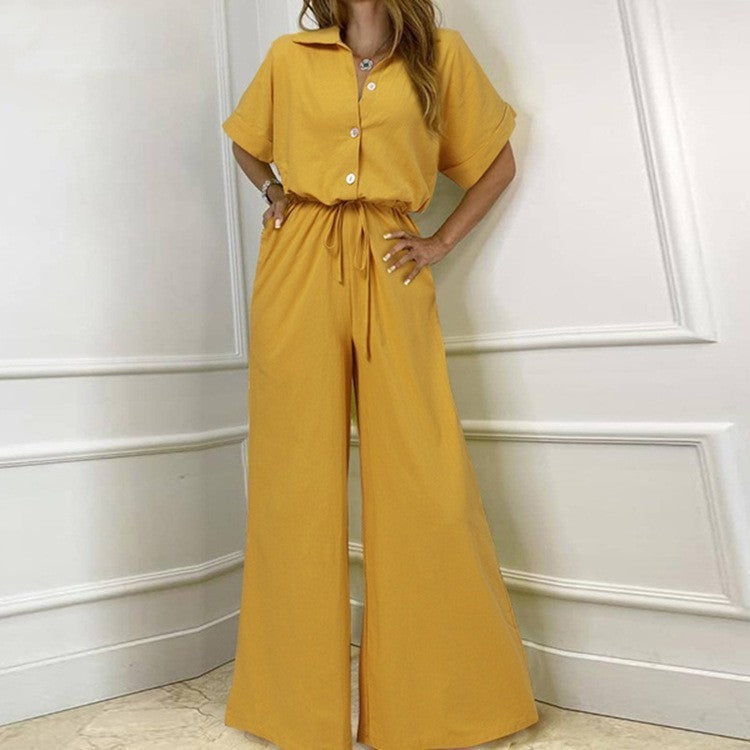 Vintage Refinement: Tailored Single-Breasted Wide-Leg Jumpsuit