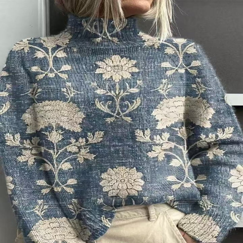 Close-up of a blue floral patterned sweater