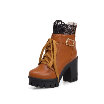 Lace-Up Ankle Boots for Women | Martin-Style PU Leather Boots with Square Thick Heel & Waterproof Platform