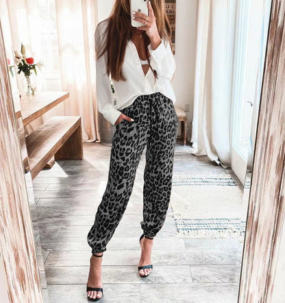 Leopard Print Casual Wide-Leg Trousers – Elastic Waist Women’s Pants