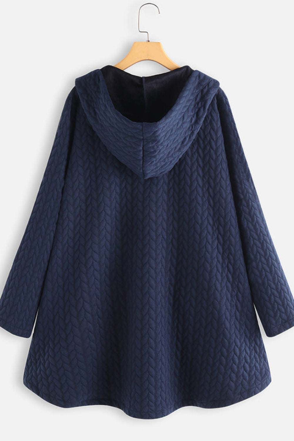 Navy blue hooded coat on a wooden hanger against a white background