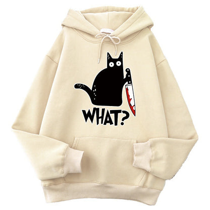 Cozy Style for Teens Killer Black Cat Patterned Wool-Lined Hoodies