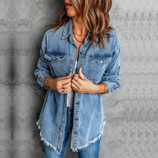 High Street Style Woman Casual Blue Cropped Denim Jacket