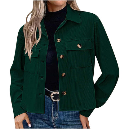 Women’s Corduroy Button Cropped Jacket – Long Sleeve Polyester Coats & Jackets 2025