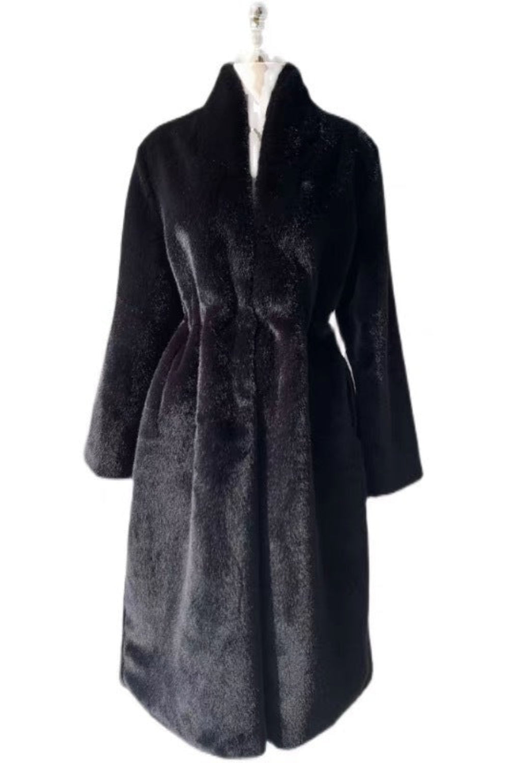 Black fur coat on a mannequin against a white background
