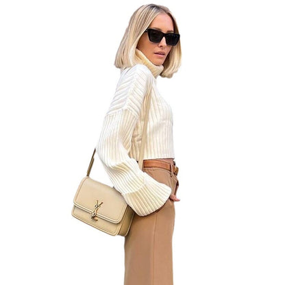 Thick Ultra-Short Pullover Style Women's Striped Turtleneck Sweater