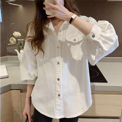 Solid-Color Korean-Style Blouse – Polo Collar Spring Outfit for Women