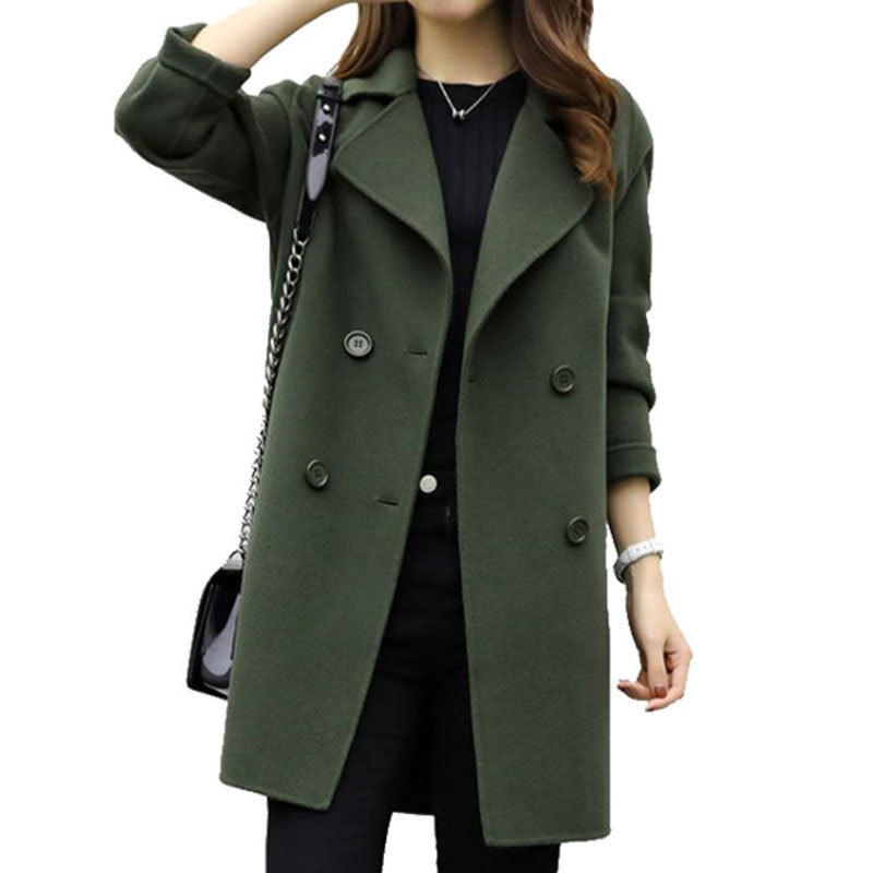 Womens Autumn Retro Double Breasted Loose Slim Fit Woolen Coat