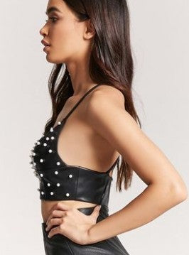 PU Leather Pearl-Strap Crop Top for Women – Edgy Summer Statement Outfit