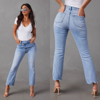 Distressed Light Wash High-Waist Jeans – Ripped Cotton Denim for Women