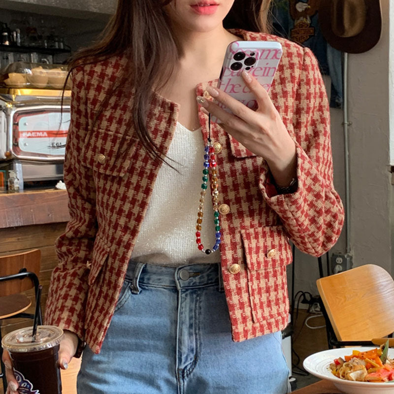 Plaid Tweed Short Jacket for Women – Elegant Versatile Coats & Jackets in Black Red 2025