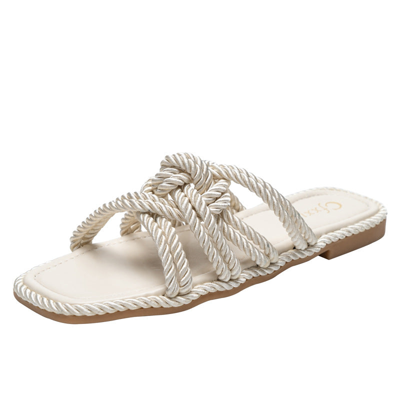 Straw Style Flat Heel Open Toe Square Braided Women Slipper