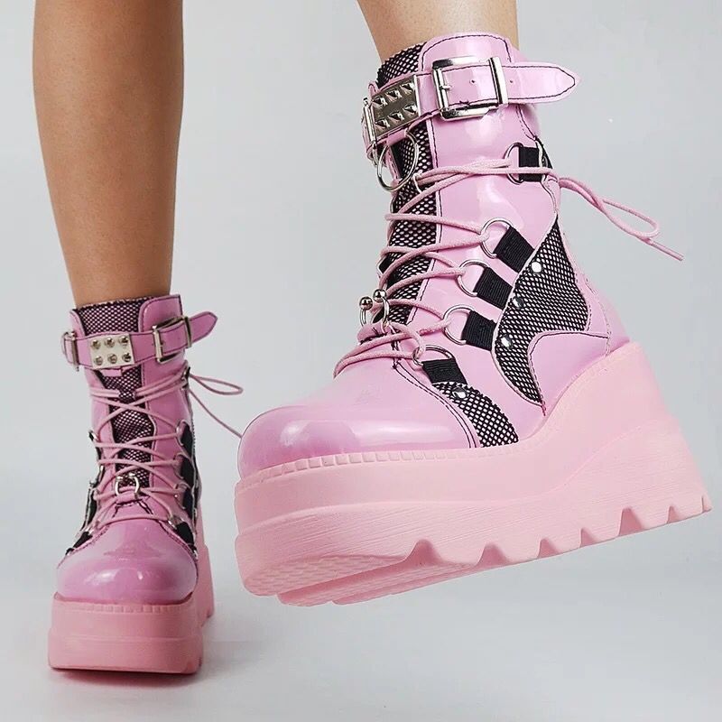 European & American Pink Mid-Calf Boots | Wedge Heel Waterproof Autumn-Winter Footwear