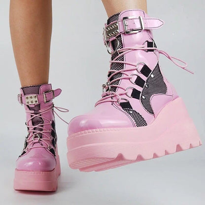 European & American Pink Mid-Calf Boots | Wedge Heel Waterproof Autumn-Winter Footwear