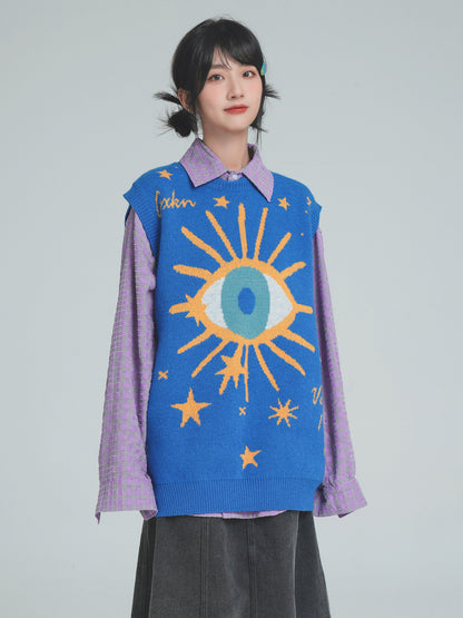 Knitted Sweater Vest for Women – Loose Fit Printed Knitwear in Blue & Purple